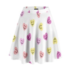 Cute Colorful Smiling Hearts Pattern High Waist Skirt by SpinnyChairDesigns