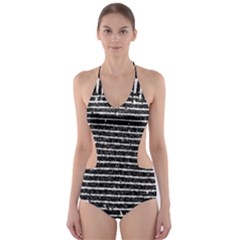 Black And White Abstract Grunge Stripes Cut-out One Piece Swimsuit by SpinnyChairDesigns