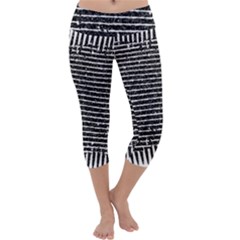 Black And White Abstract Grunge Stripes Capri Yoga Leggings by SpinnyChairDesigns