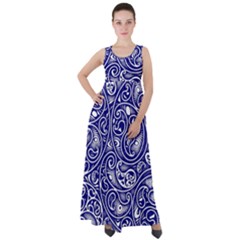 Blue White Paisley Intricate Swirls Empire Waist Velour Maxi Dress by SpinnyChairDesigns