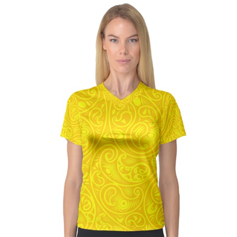 Bright Yellow Gold Paisley Pattern V-neck Sport Mesh Tee by SpinnyChairDesigns