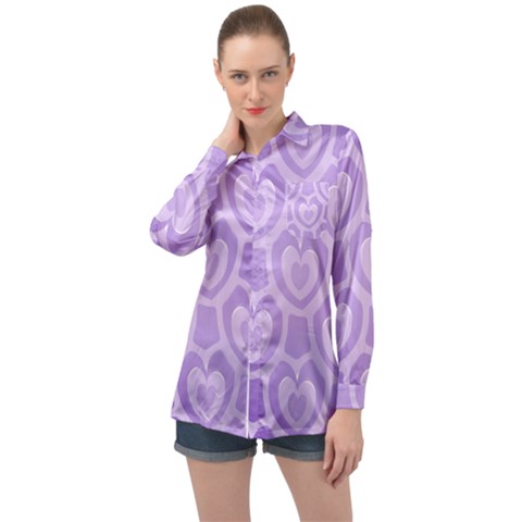 Purple Hearts Pattern Long Sleeve Satin Shirt by SpinnyChairDesigns