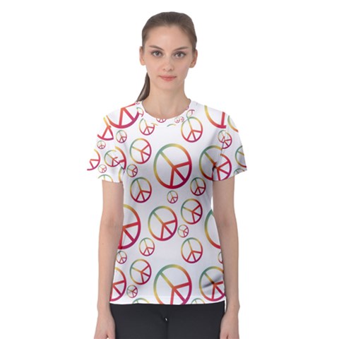 Colorful Rainbow Peace Symbols Women s Sport Mesh Tee by SpinnyChairDesigns