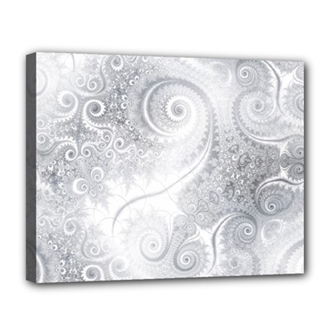 White Silver Swirls Pattern Canvas 14  X 11  (stretched) by SpinnyChairDesigns