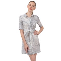 White Silver Swirls Pattern Belted Shirt Dress by SpinnyChairDesigns