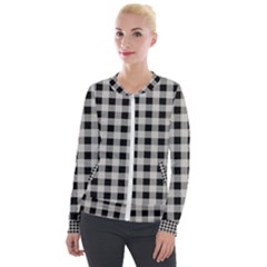 Black And White Buffalo Plaid Velour Zip Up Jacket by SpinnyChairDesigns