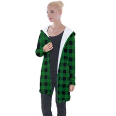 Black Dark Green Buffalo Plaid Longline Hooded Cardigan by SpinnyChairDesigns