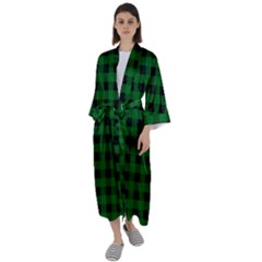 Black Dark Green Buffalo Plaid Maxi Satin Kimono by SpinnyChairDesigns