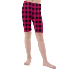 Dark Pink Black Buffalo Plaid Kids  Mid Length Swim Shorts by SpinnyChairDesigns