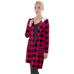 Dark Pink Black Buffalo Plaid Hooded Pocket Cardigan by SpinnyChairDesigns