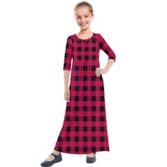 Dark Pink Black Buffalo Plaid Kids  Quarter Sleeve Maxi Dress by SpinnyChairDesigns