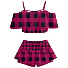 Dark Pink Black Buffalo Plaid Kids  Off Shoulder Skirt Bikini by SpinnyChairDesigns