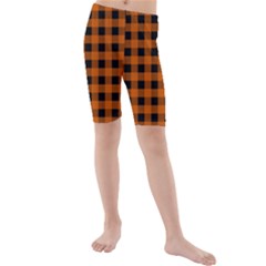 Orange Black Buffalo Plaid Kids  Mid Length Swim Shorts by SpinnyChairDesigns