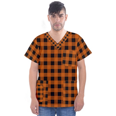 Orange Black Buffalo Plaid Men s V-neck Scrub Top by SpinnyChairDesigns