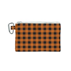 Orange Black Buffalo Plaid Canvas Cosmetic Bag (small) by SpinnyChairDesigns