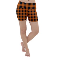 Orange Black Buffalo Plaid Lightweight Velour Yoga Shorts by SpinnyChairDesigns