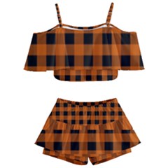 Orange Black Buffalo Plaid Kids  Off Shoulder Skirt Bikini by SpinnyChairDesigns