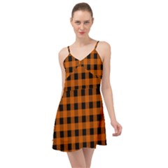 Orange Black Buffalo Plaid Summer Time Chiffon Dress by SpinnyChairDesigns