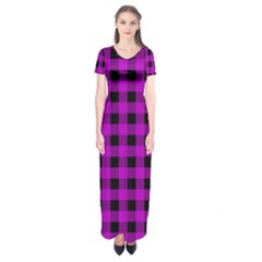 Purple Black Buffalo Plaid Short Sleeve Maxi Dress by SpinnyChairDesigns