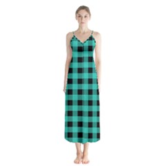 Turquoise Black Buffalo Plaid Button Up Chiffon Maxi Dress by SpinnyChairDesigns