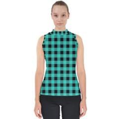 Turquoise Black Buffalo Plaid Mock Neck Shell Top by SpinnyChairDesigns