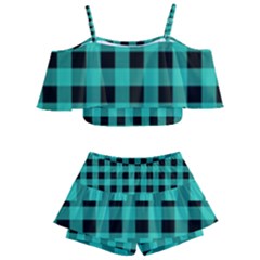 Turquoise Black Buffalo Plaid Kids  Off Shoulder Skirt Bikini by SpinnyChairDesigns