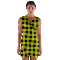 Yellow Black Buffalo Plaid Wrap Front Bodycon Dress by SpinnyChairDesigns