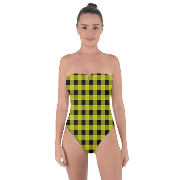 Yellow Black Buffalo Plaid Tie Back One Piece Swimsuit