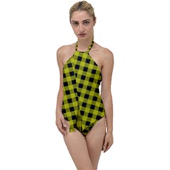 Yellow Black Buffalo Plaid Go With The Flow One Piece Swimsuit by SpinnyChairDesigns