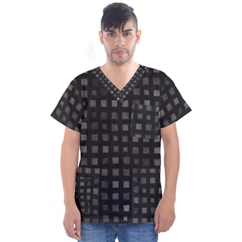 Abstract Black Checkered Pattern Men s V-neck Scrub Top by SpinnyChairDesigns