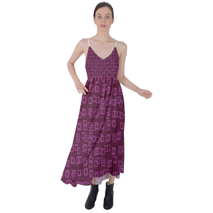 Plum Abstract Checks Pattern Tie Back Maxi Dress