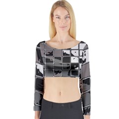 Black And White Checkered Grunge Pattern Long Sleeve Crop Top by SpinnyChairDesigns