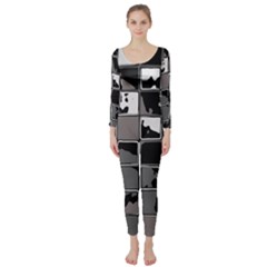 Black And White Checkered Grunge Pattern Long Sleeve Catsuit by SpinnyChairDesigns