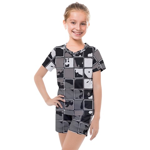 Black And White Checkered Grunge Pattern Kids  Mesh Tee And Shorts Set by SpinnyChairDesigns