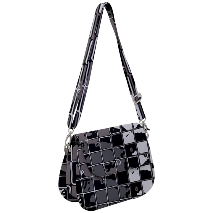 Black and White Checkered Grunge Pattern Saddle Handbag
