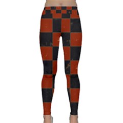 Red And Black Checkered Grunge  Classic Yoga Leggings by SpinnyChairDesigns
