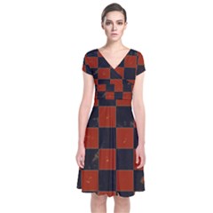 Red And Black Checkered Grunge  Short Sleeve Front Wrap Dress by SpinnyChairDesigns