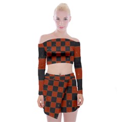 Red And Black Checkered Grunge  Off Shoulder Top With Mini Skirt Set by SpinnyChairDesigns