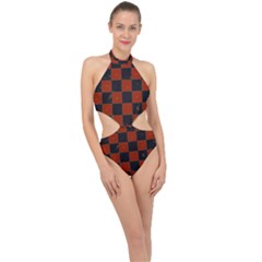 Red And Black Checkered Grunge  Halter Side Cut Swimsuit by SpinnyChairDesigns