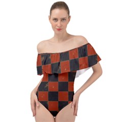 Red And Black Checkered Grunge  Off Shoulder Velour Bodysuit  by SpinnyChairDesigns