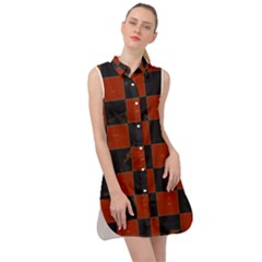 Red And Black Checkered Grunge  Sleeveless Shirt Dress by SpinnyChairDesigns