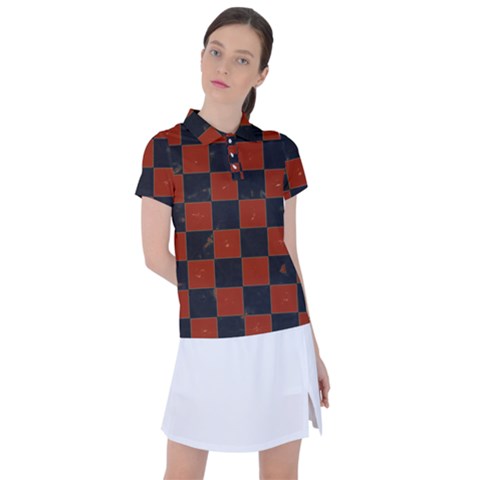 Red And Black Checkered Grunge  Women s Polo Tee by SpinnyChairDesigns