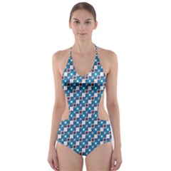 Country Blue Checks Pattern Cut-out One Piece Swimsuit by SpinnyChairDesigns