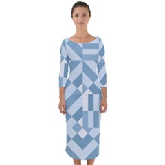 Truchet Tiles Blue White Quarter Sleeve Midi Bodycon Dress by SpinnyChairDesigns