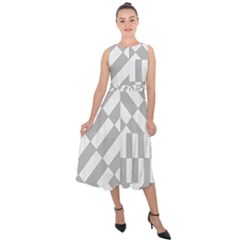 Truchet Tiles Grey White Pattern Midi Tie-back Chiffon Dress by SpinnyChairDesigns