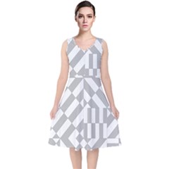 Truchet Tiles Grey White Pattern V-neck Midi Sleeveless Dress  by SpinnyChairDesigns