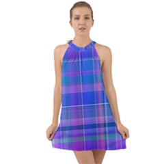 Madras Plaid Blue Purple Halter Tie Back Chiffon Dress by SpinnyChairDesigns