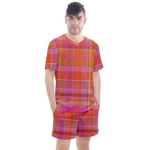 Pink Orange Madras Plaid Men s Mesh Tee And Shorts Set by SpinnyChairDesigns