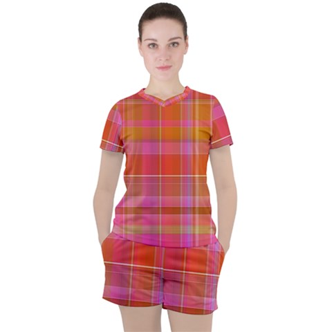 Pink Orange Madras Plaid Women s Tee And Shorts Set by SpinnyChairDesigns