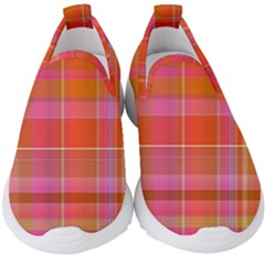 Pink Orange Madras Plaid Kids  Slip On Sneakers by SpinnyChairDesigns